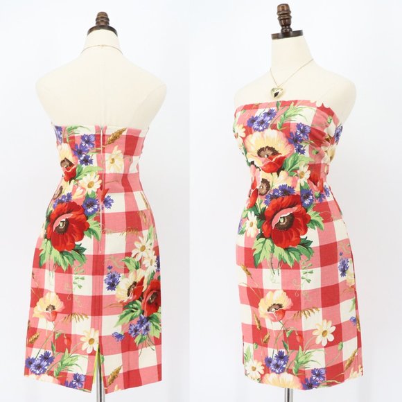 SOLD - Vintage Mica Red Gingham Floral Strapless Mini Dress Cotton/Linen/Silk - Picture 3 of 15